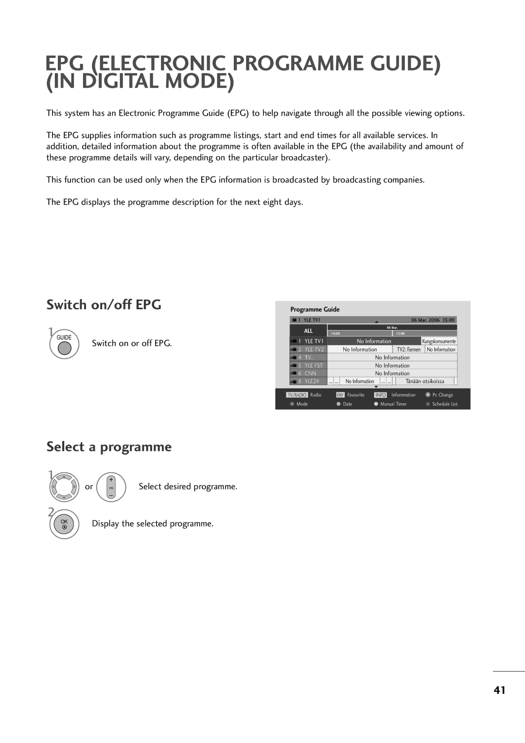 LG Electronics M2394D, M2794D Switch on/off EPG, Select a programme, Switch on or off EPG, Or PR Select desired programme 