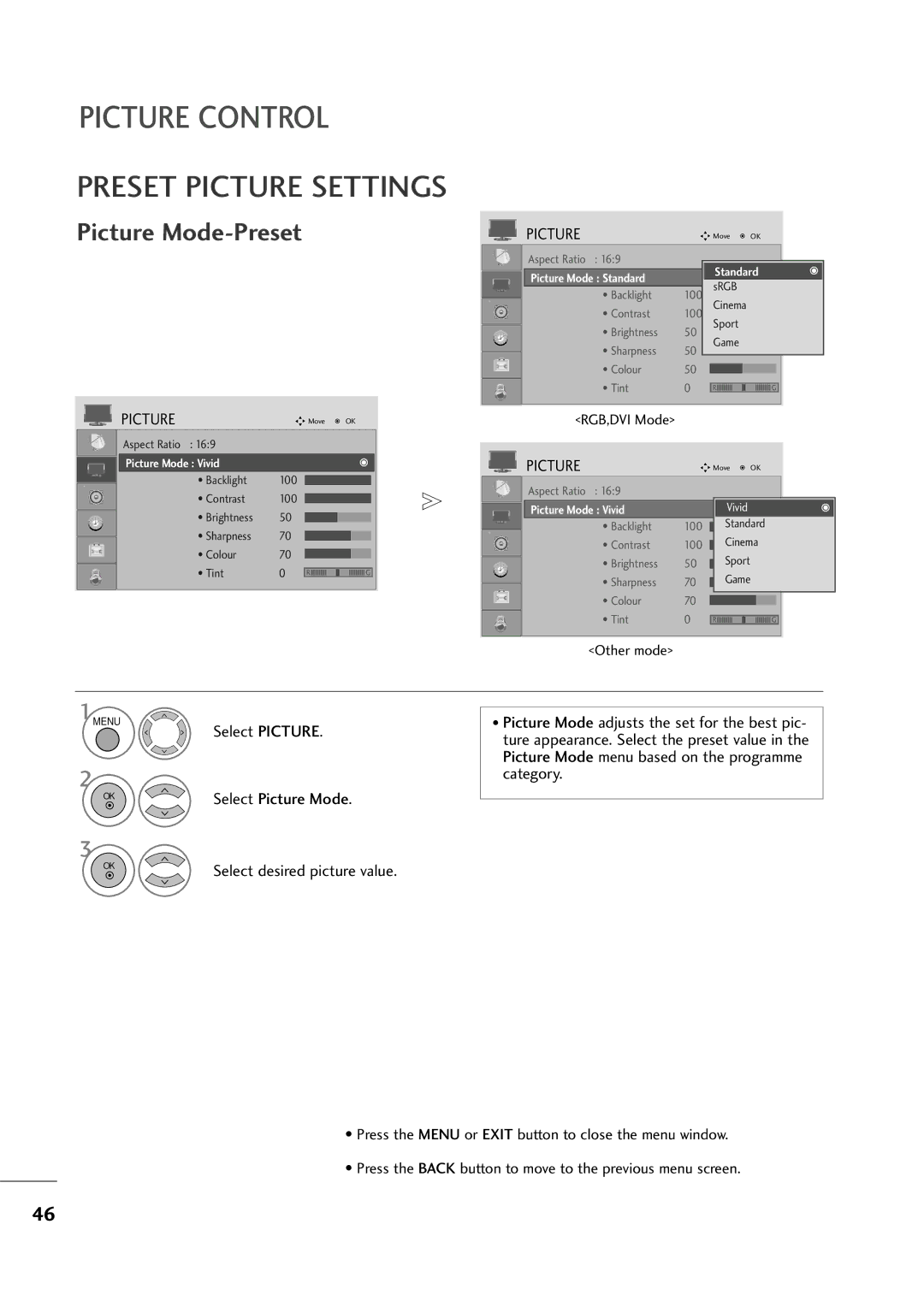 LG Electronics M2794D, M2394D owner manual Preset Picture Settings, Picture Mode-Preset 