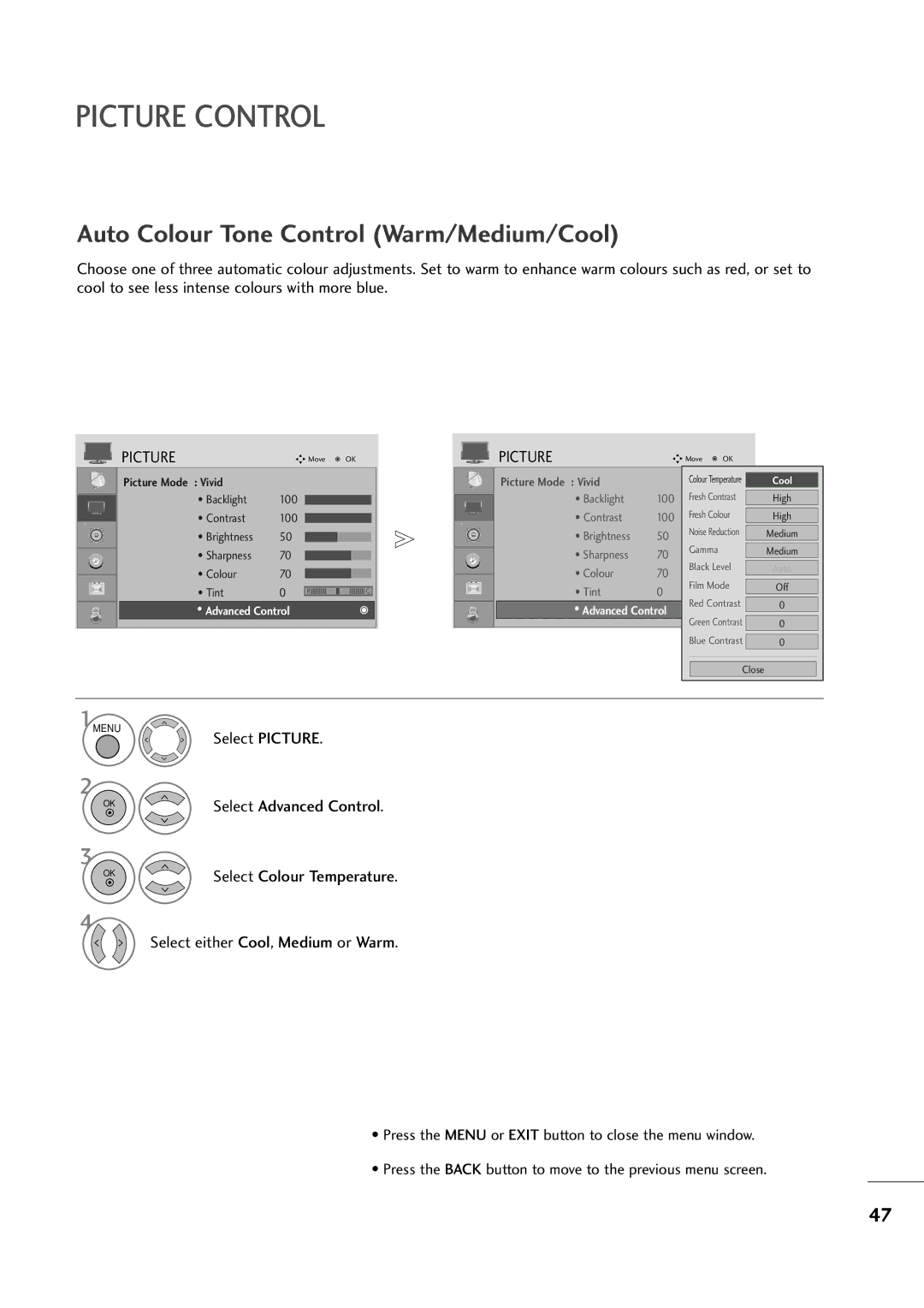 LG Electronics M2394D, M2794D owner manual Auto Colour Tone Control Warm/Medium/Cool, Vivid 