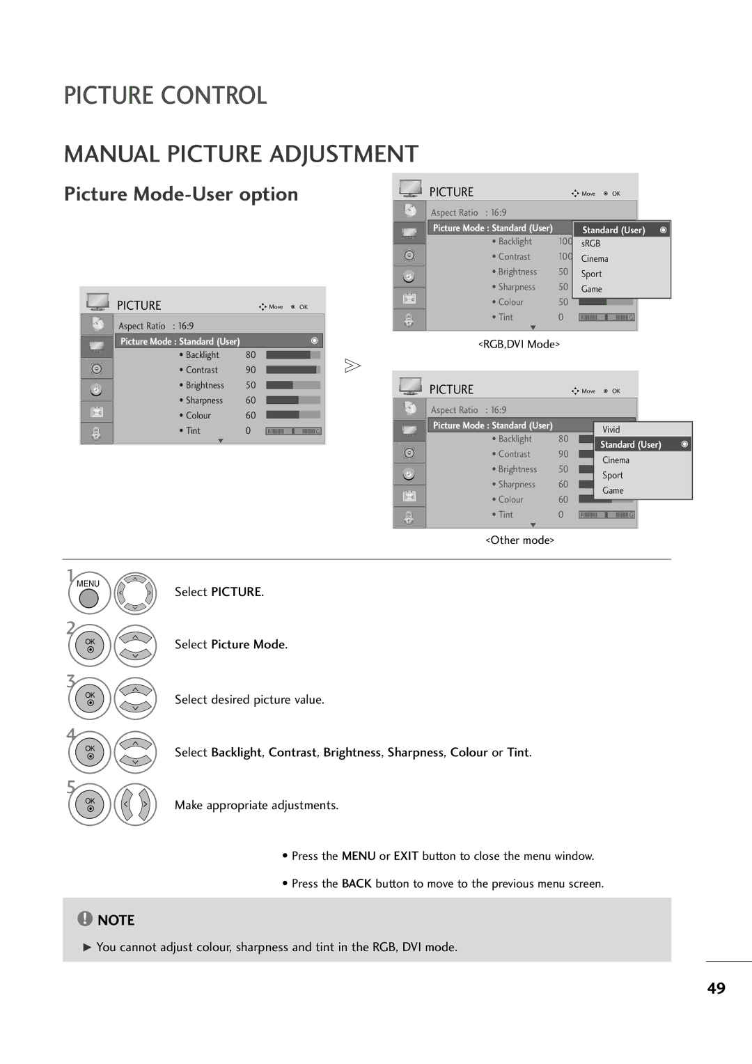 LG Electronics M2394D, M2794D owner manual Manual Picture Adjustment, Picture Mode-User option 