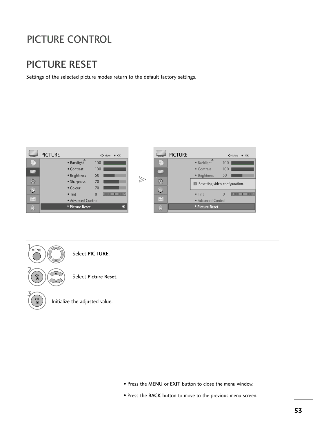 LG Electronics M2394D, M2794D owner manual Picture Reset, Initialize the adjusted value 