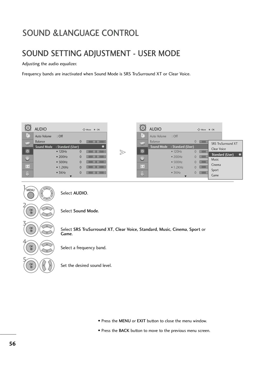 LG Electronics M2794D, M2394D owner manual Sound Setting Adjustment User Mode 