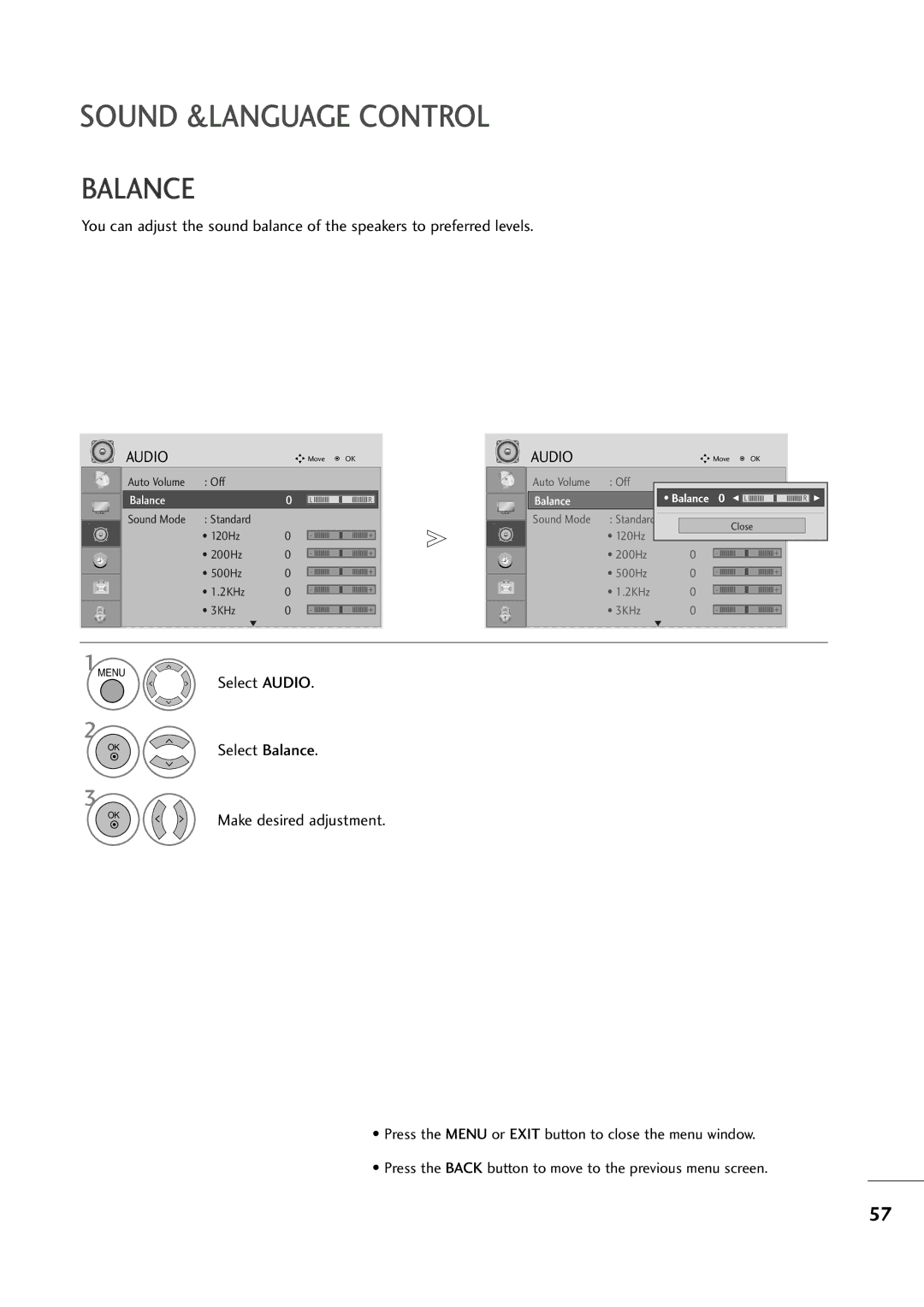 LG Electronics M2394D, M2794D owner manual Balance, Make desired adjustment 