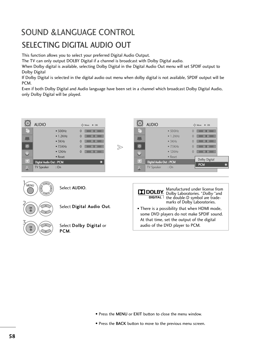 LG Electronics M2794D, M2394D owner manual Selecting Digital Audio OUT, Select Digital Audio Out, Select Dolby Digital or 