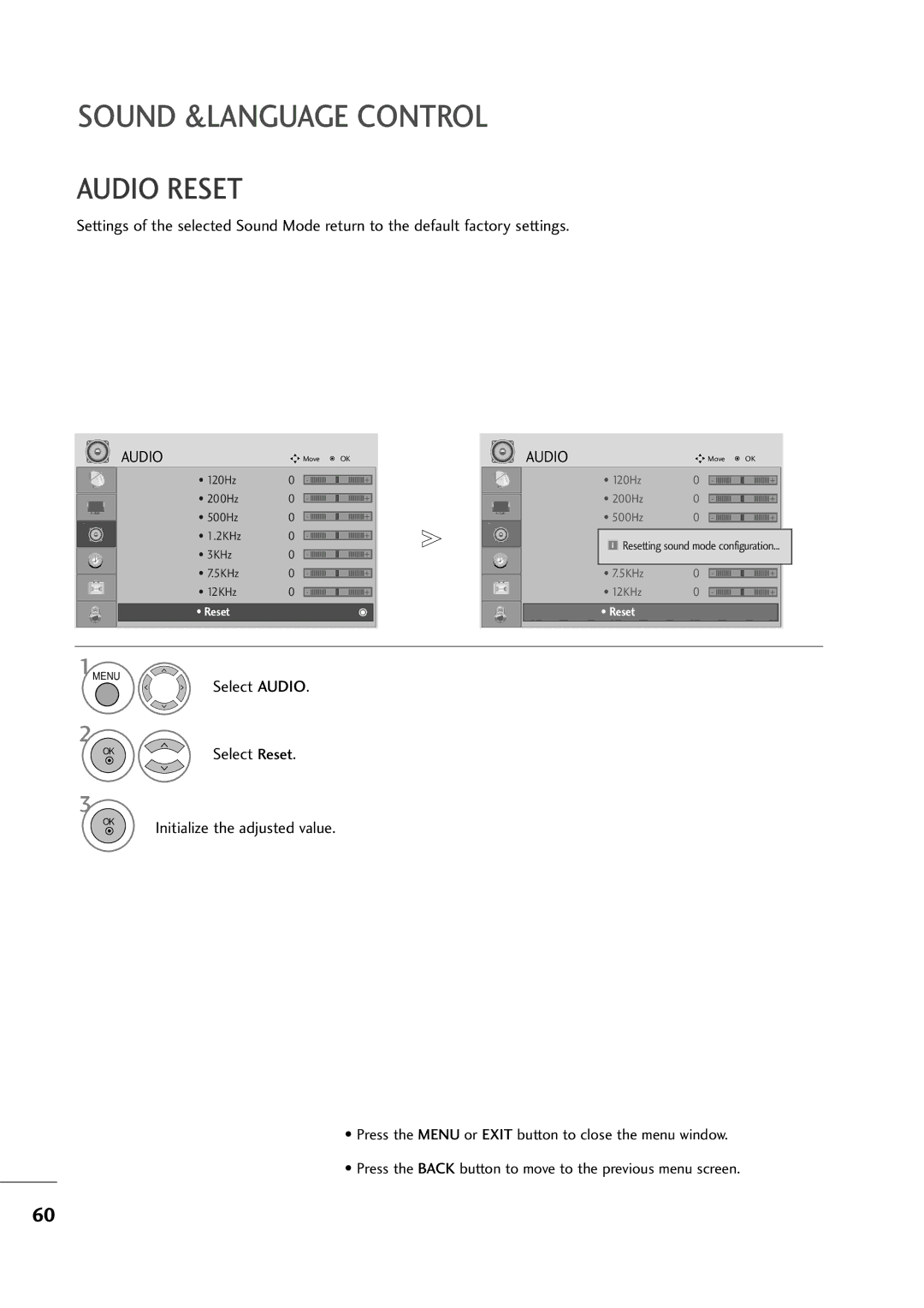 LG Electronics M2794D, M2394D owner manual Audio Reset, Initialize the adjusted value 