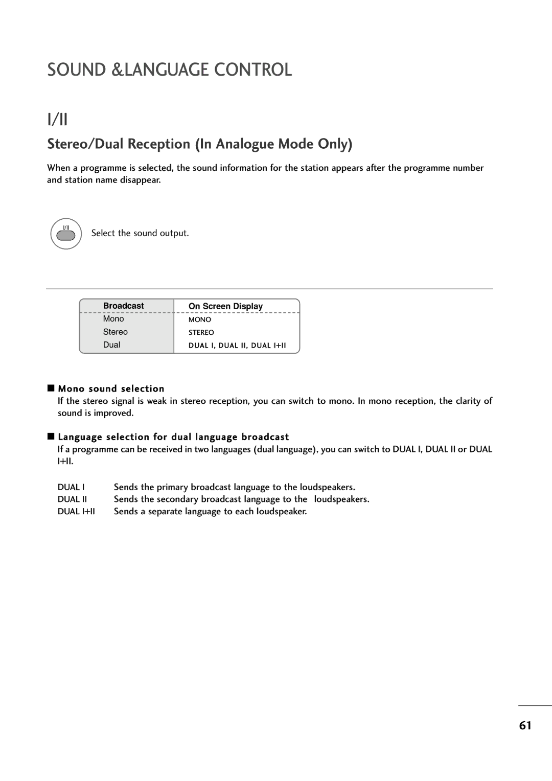 LG Electronics M2394D, M2794D owner manual Stereo/Dual Reception In Analogue Mode Only 