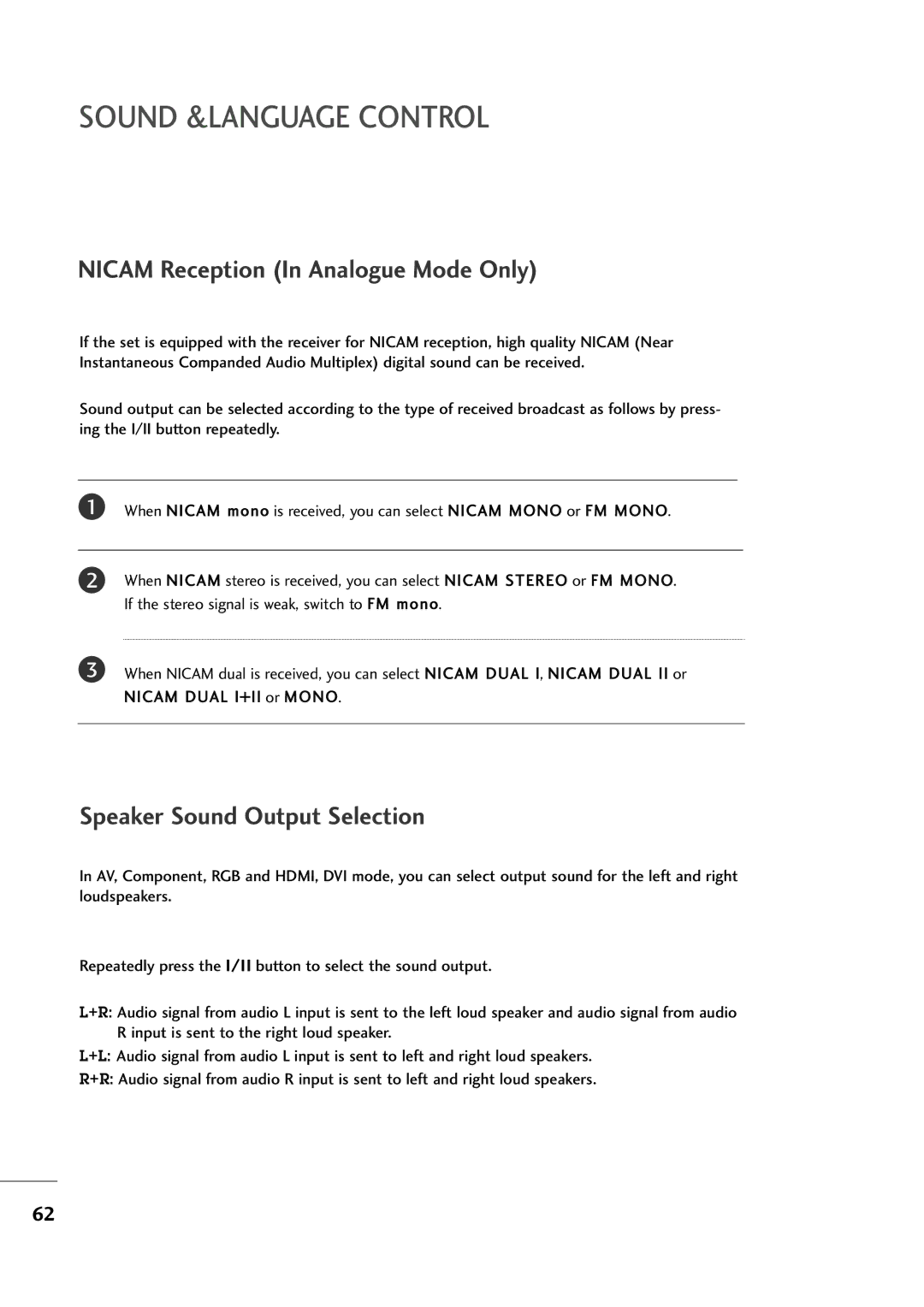 LG Electronics M2794D, M2394D owner manual Nicam Reception In Analogue Mode Only, Speaker Sound Output Selection 