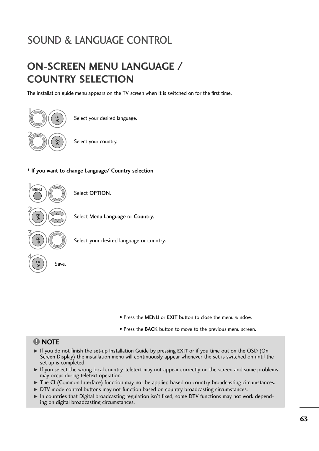 LG Electronics M2394D, M2794D Sound & Language Control, If you want to change Language/ Country selection, Select Option 