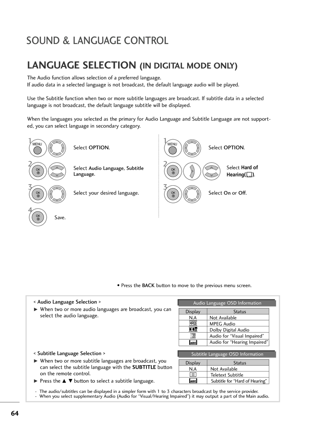 LG Electronics M2794D, M2394D owner manual Select your desired language OKSave Select On or Off, Audio Language Selection 