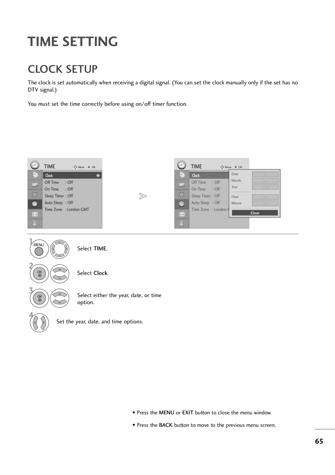 LG Electronics M2394D, M2794D owner manual Time Setting, Clock Setup 