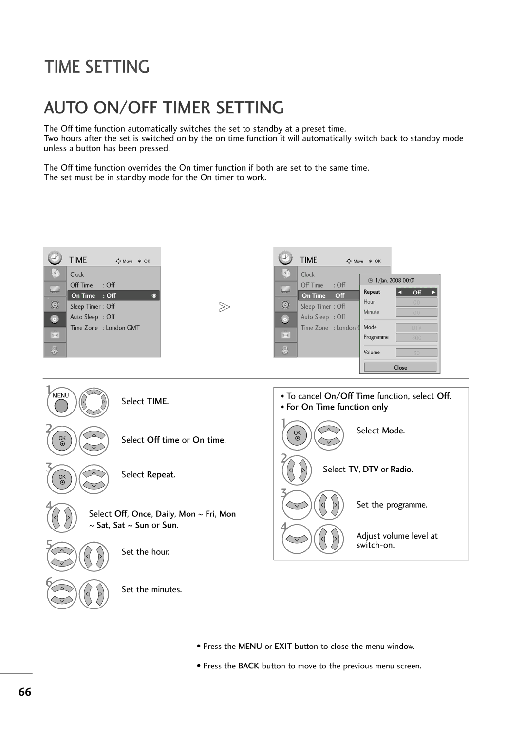 LG Electronics M2794D, M2394D owner manual Time Setting, Auto ON/OFF Timer Setting 