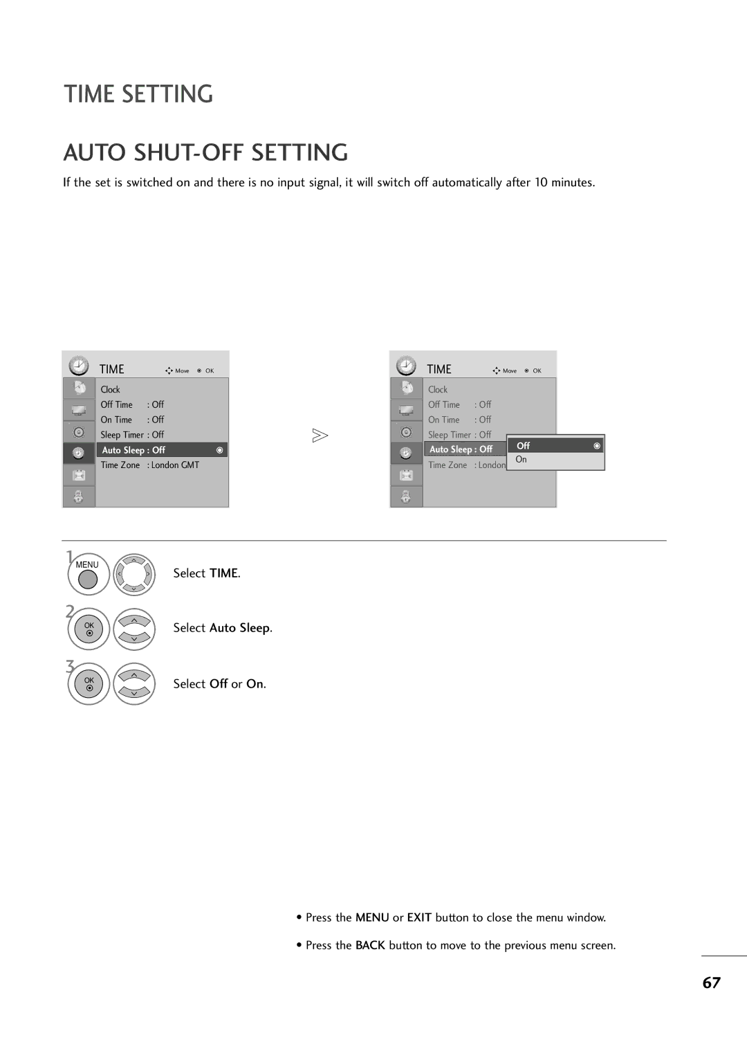 LG Electronics M2394D, M2794D owner manual Auto SHUT-OFF Setting, Select Off or On 