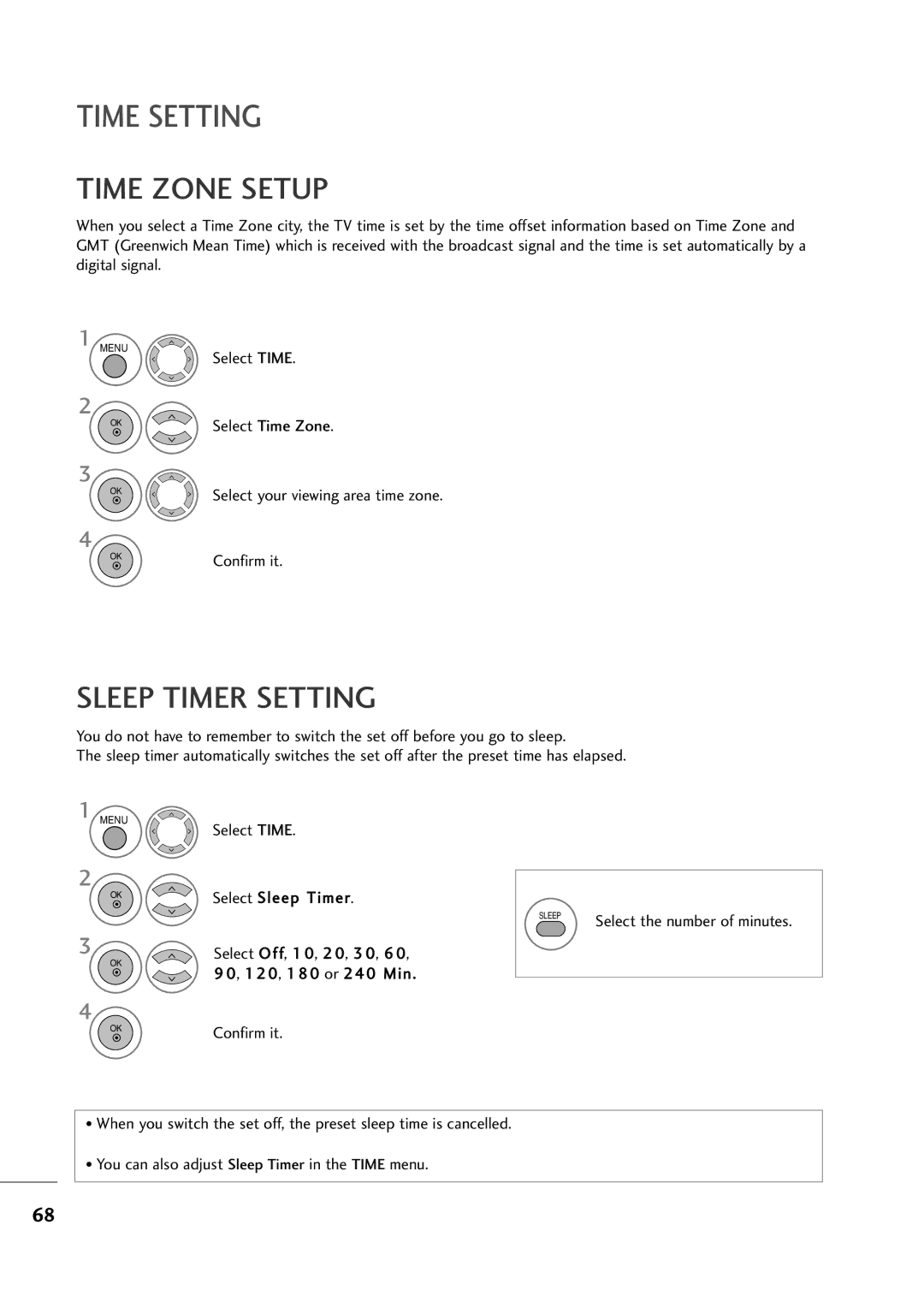 LG Electronics M2794D, M2394D owner manual Time Zone Setup, Sleep Timer Setting 