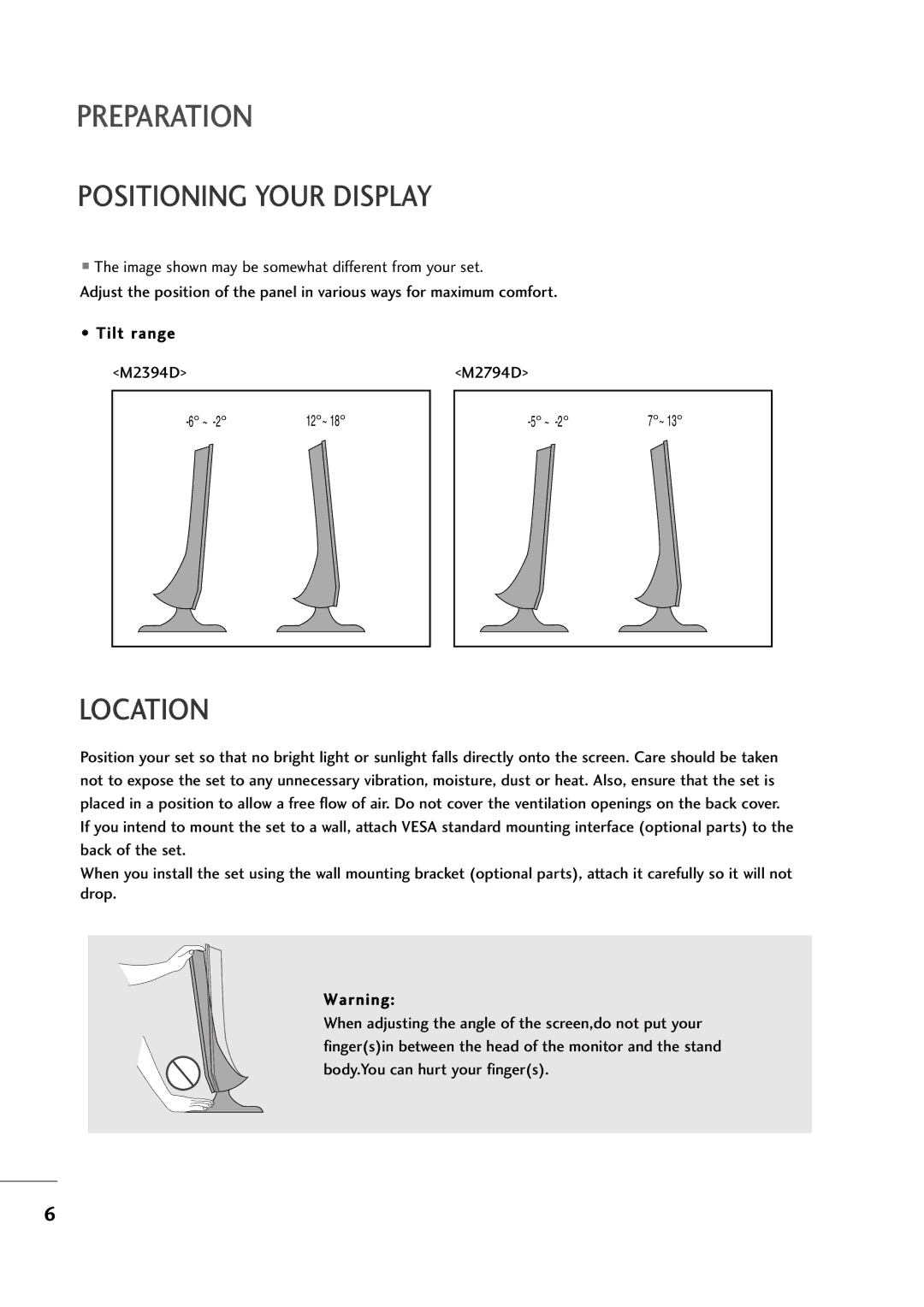 LG Electronics M2794D, M2394D owner manual Positioning Your Display, Location 