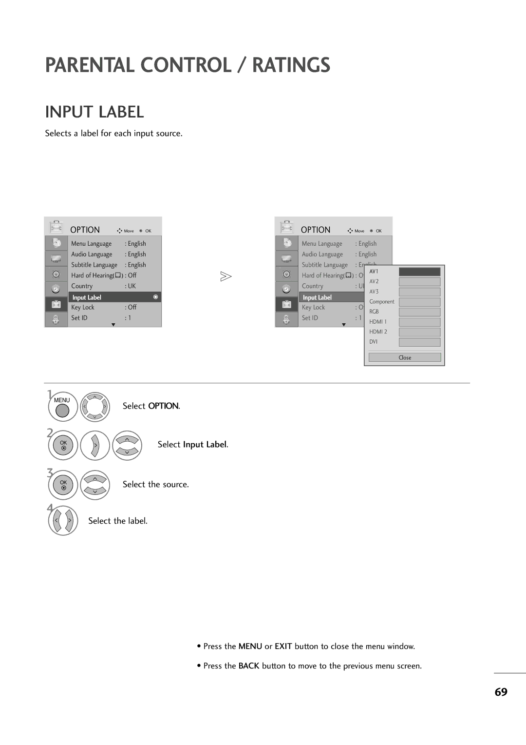 LG Electronics M2394D, M2794D owner manual Input Label, Selects a label for each input source 