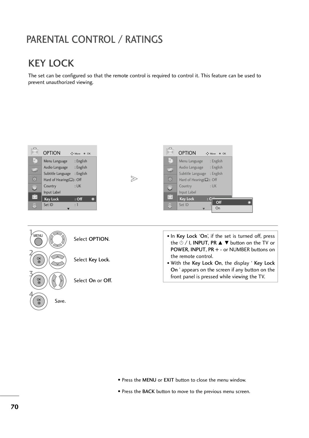 LG Electronics M2794D, M2394D owner manual Parental Control / Ratings, KEY Lock 