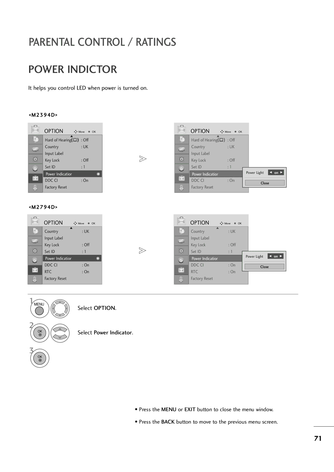 LG Electronics M2394D, M2794D owner manual Power Indictor, It helps you control LED when power is turned on 