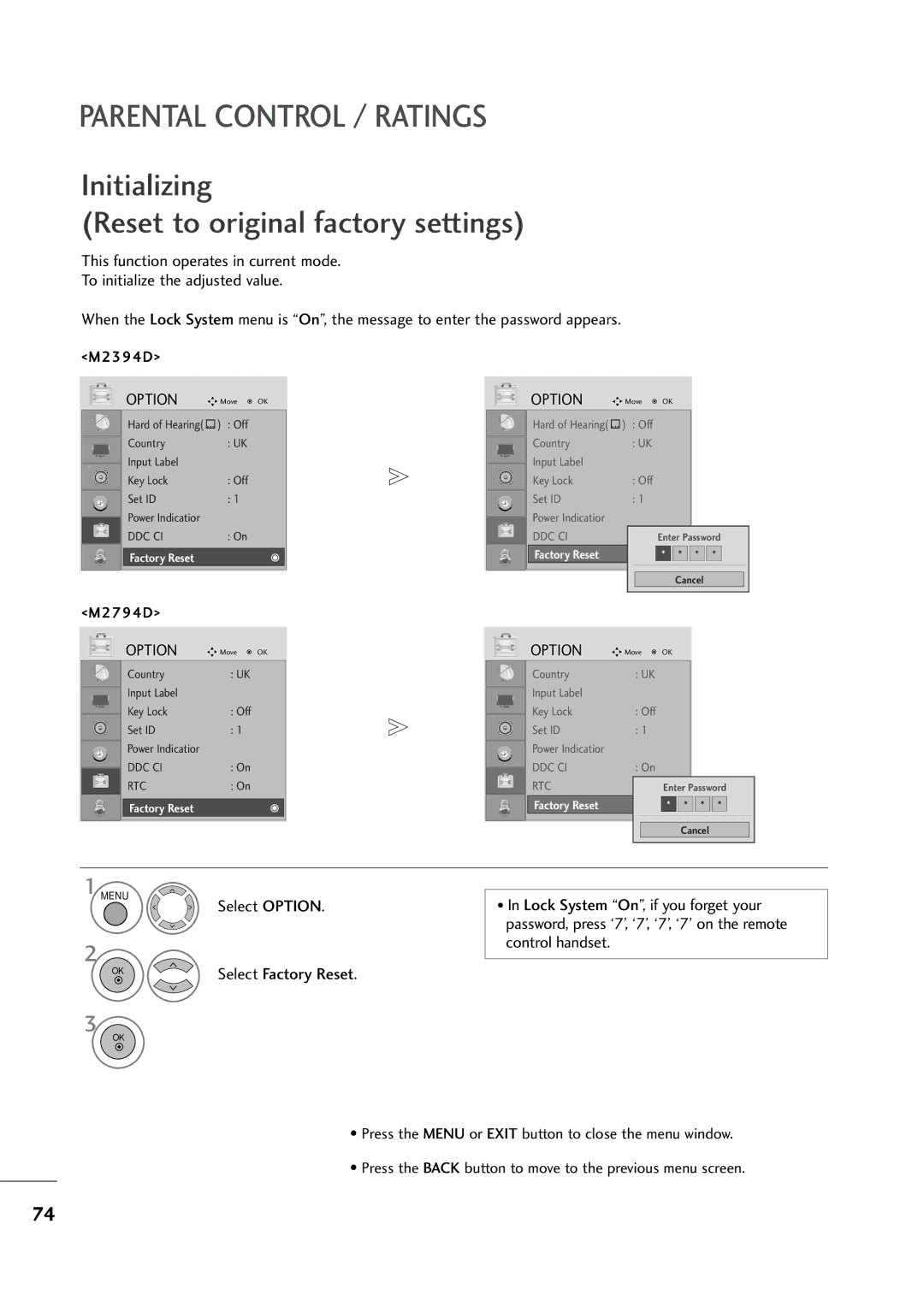 LG Electronics M2794D, M2394D owner manual Initializing Reset to original factory settings 