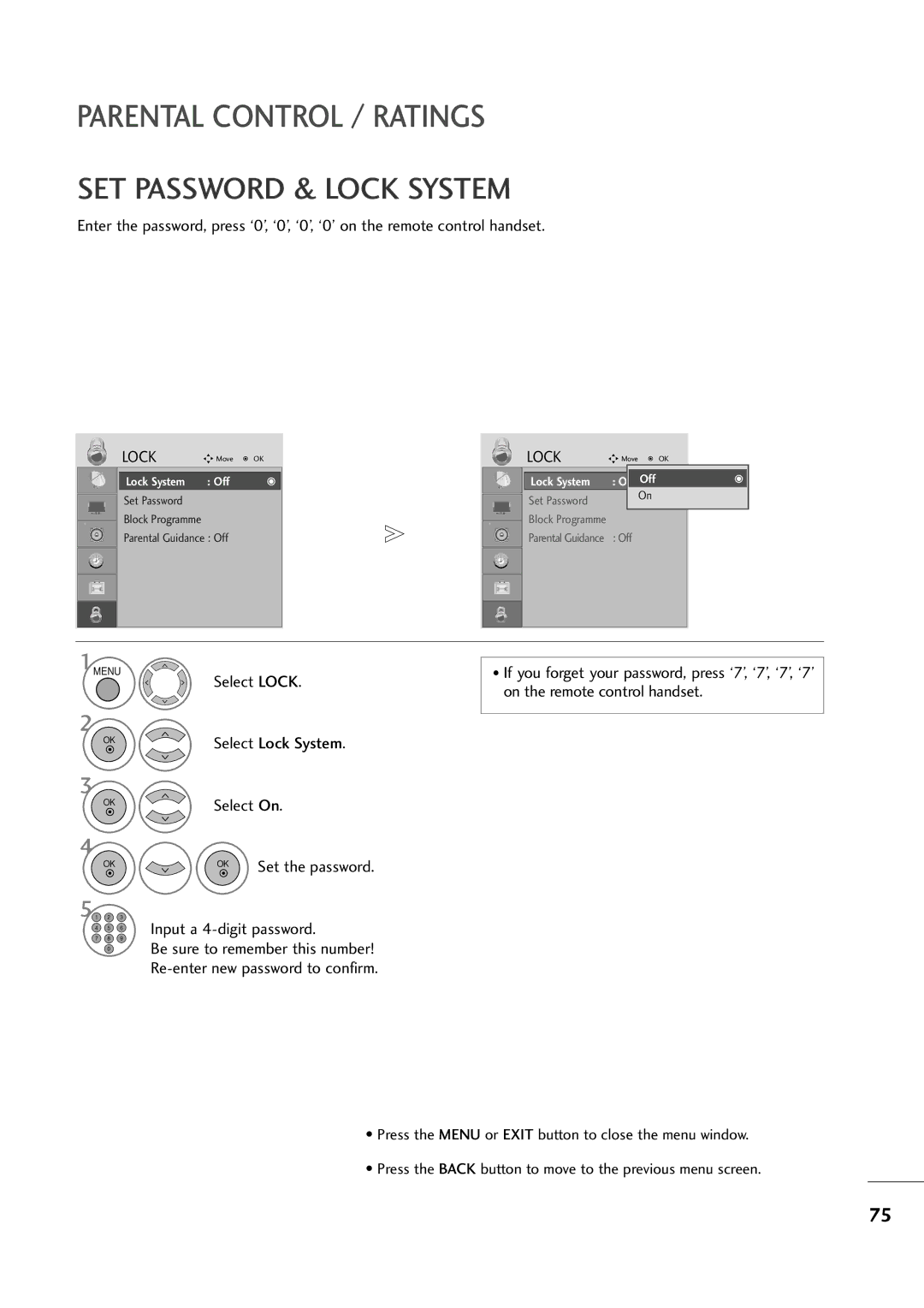 LG Electronics M2394D, M2794D SET Password & Lock System, Select Lock System Select On, Input a 4-digit password 