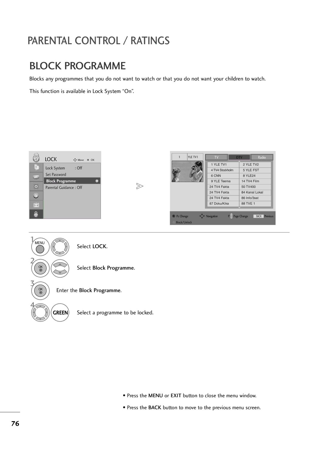 LG Electronics M2794D, M2394D owner manual Block Programme, Green Select a programme to be locked 