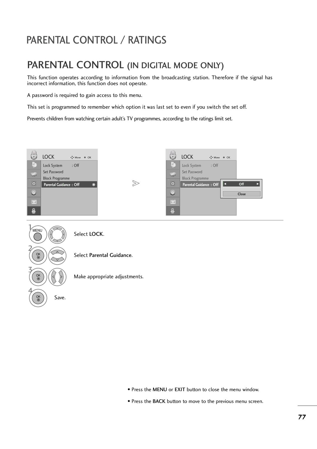 LG Electronics M2394D, M2794D owner manual Parental Control in Digital Mode only, Select Lock 