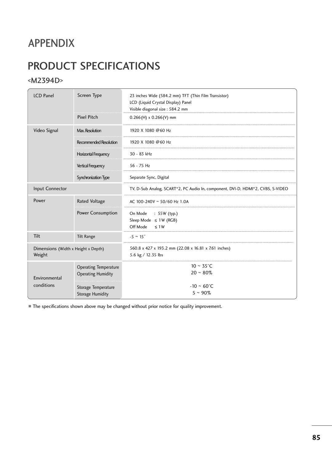 LG Electronics M2394D, M2794D owner manual Product Specifications 