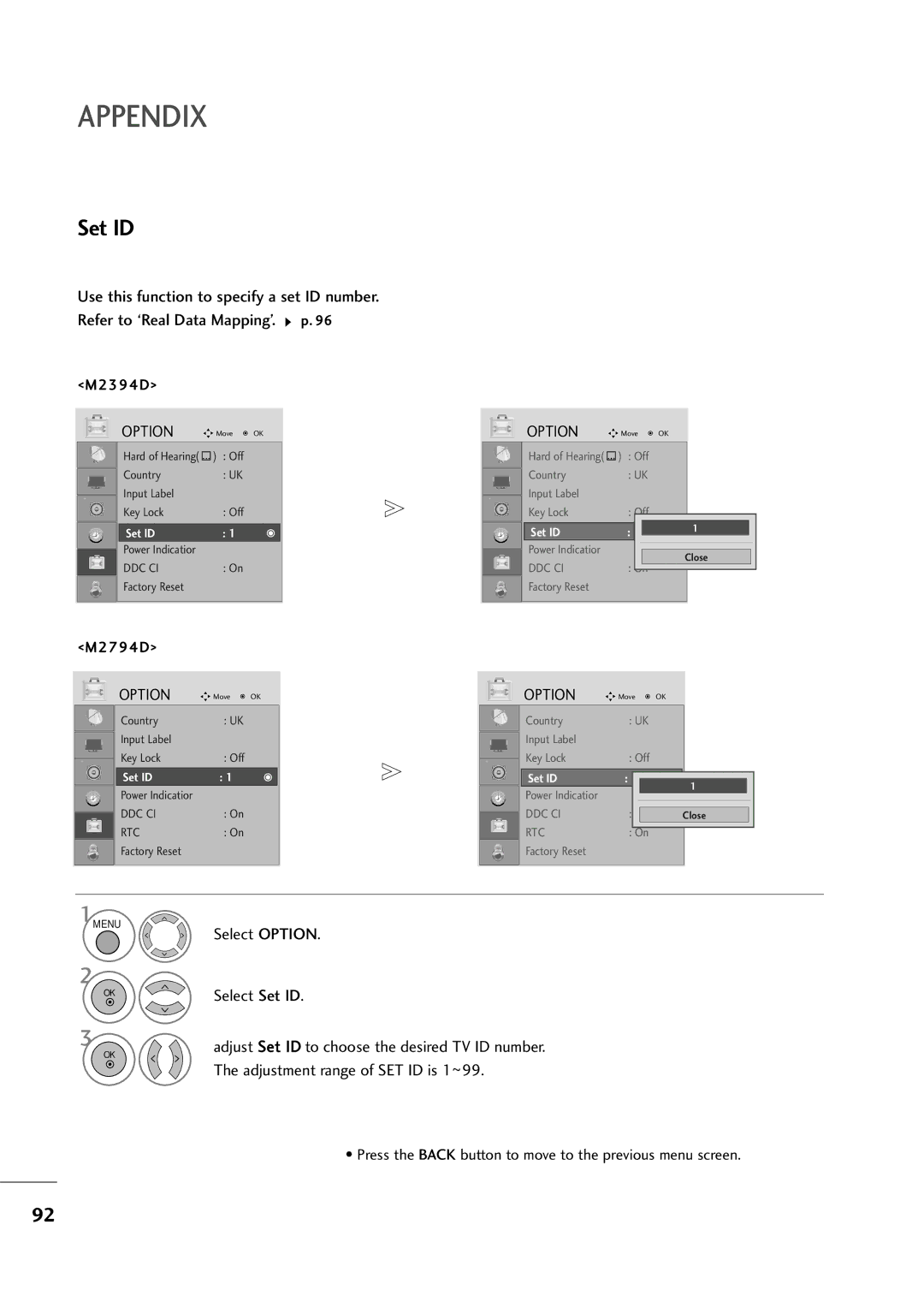 LG Electronics M2794D, M2394D owner manual Select Option Select Set ID 