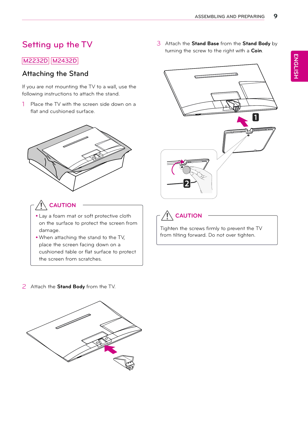 LG Electronics M2432D manual Setting up the TV, Attaching the Stand 