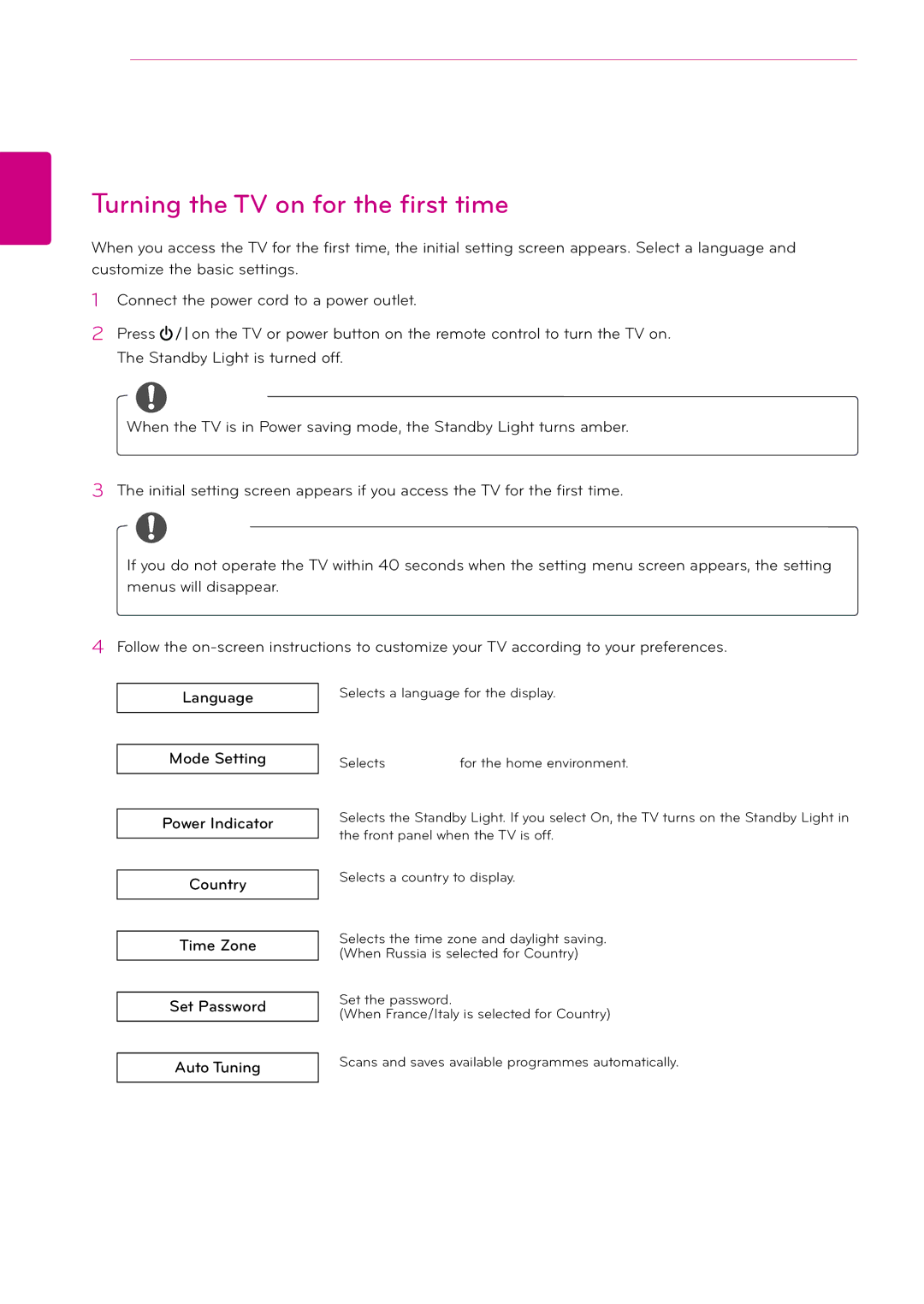 LG Electronics M2432D manual Watching TV, Turning the TV on for the first time 