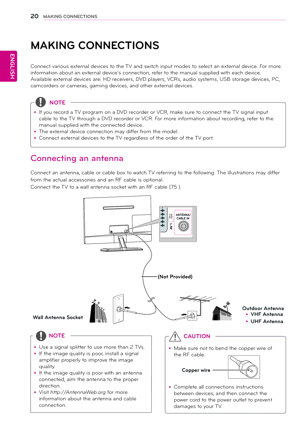 LG Electronics M2432D manual Making Connections, Connecting an antenna, WAee, YyUHF Ae, Coe 