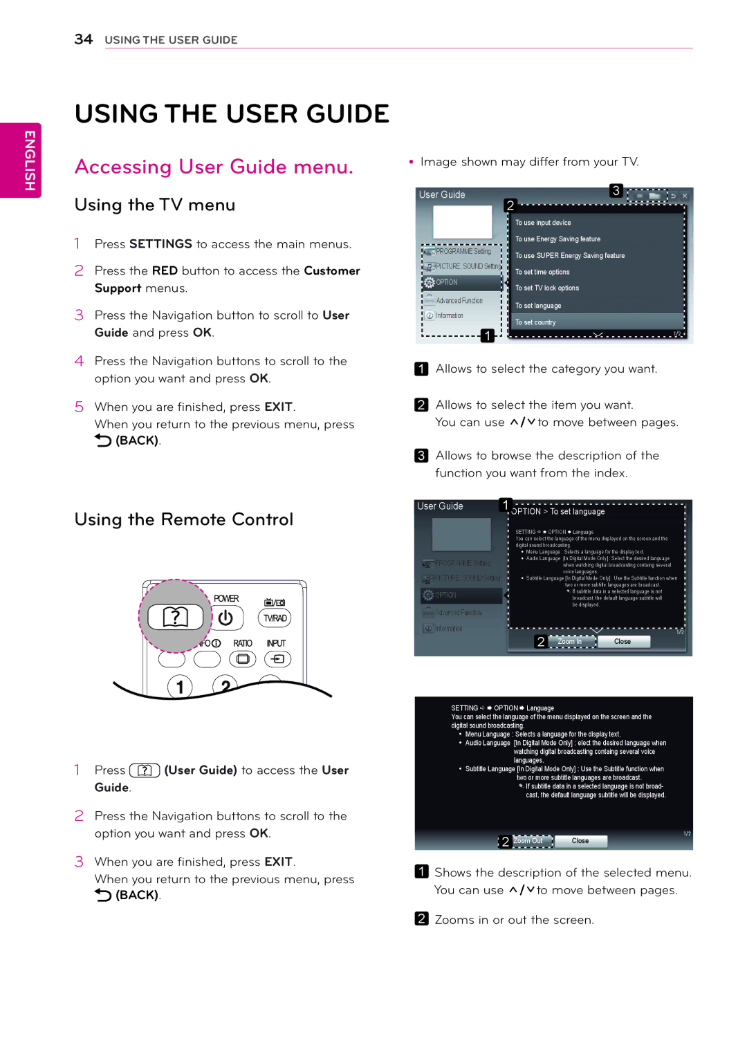 LG Electronics M2432D manual Using the User Guide, Accessing User Guide menu, Using the TV menu, Using the Remote Control 