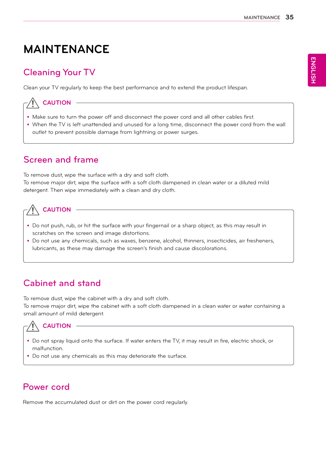 LG Electronics M2432D manual Maintenance, Cleaning Your TV, Screen and frame, Cabinet and stand, Power cord 