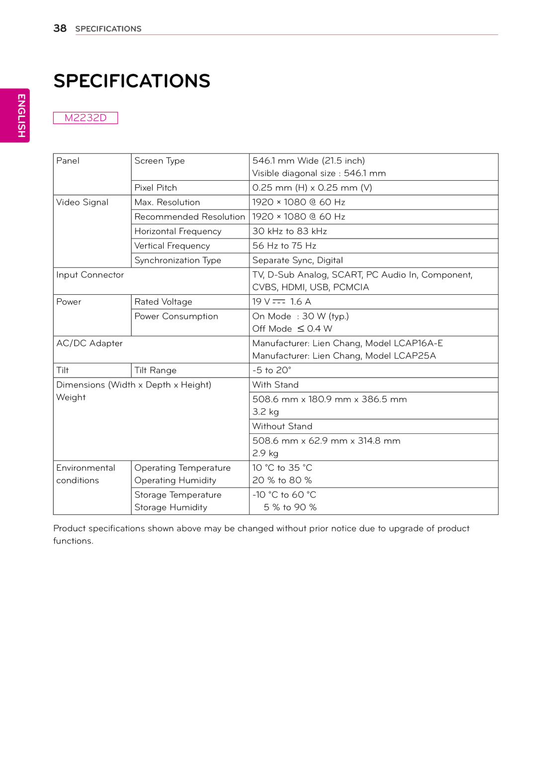 LG Electronics M2432D manual Specifications, M2232D 