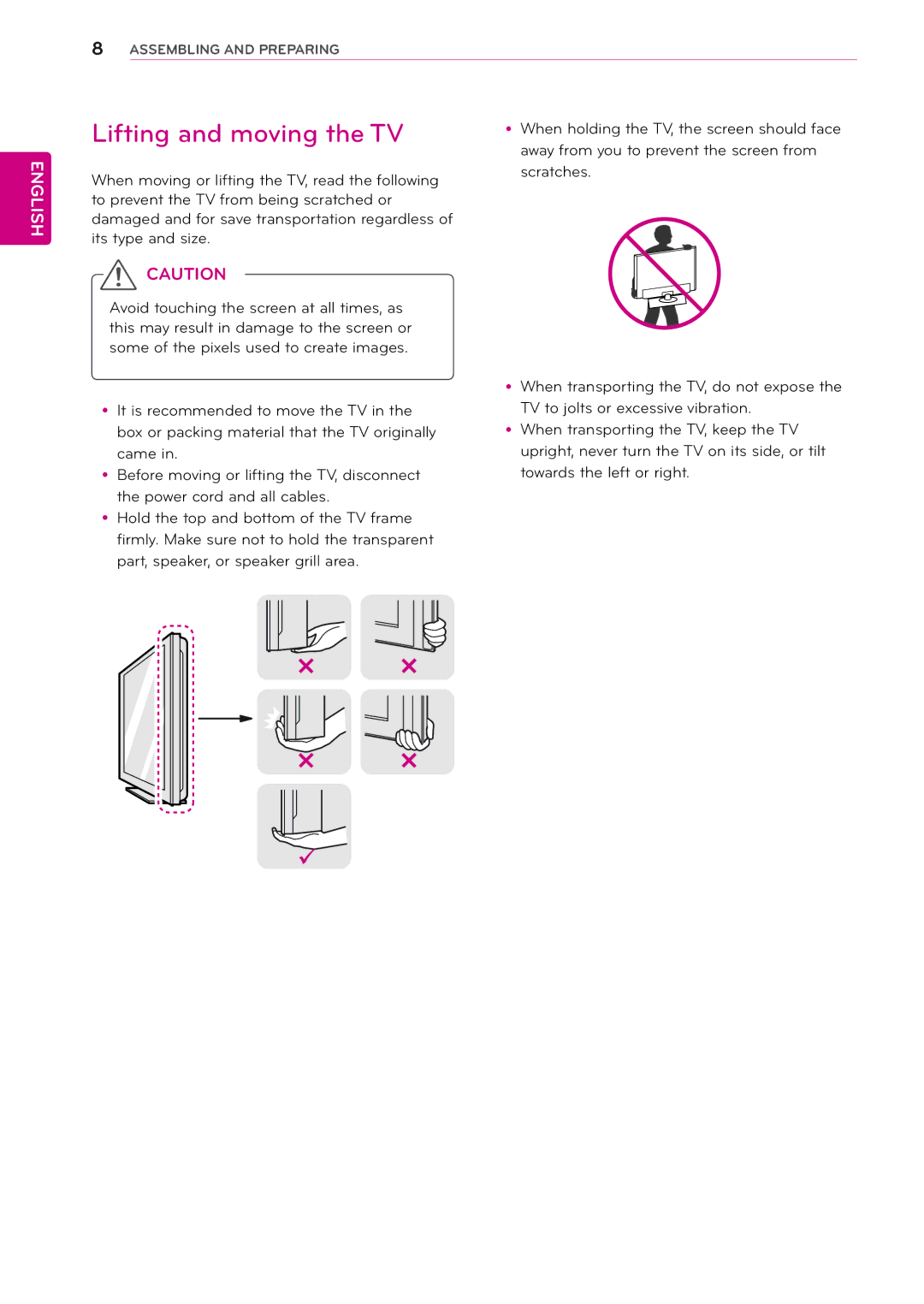 LG Electronics M2432D manual Lifting and moving the TV 