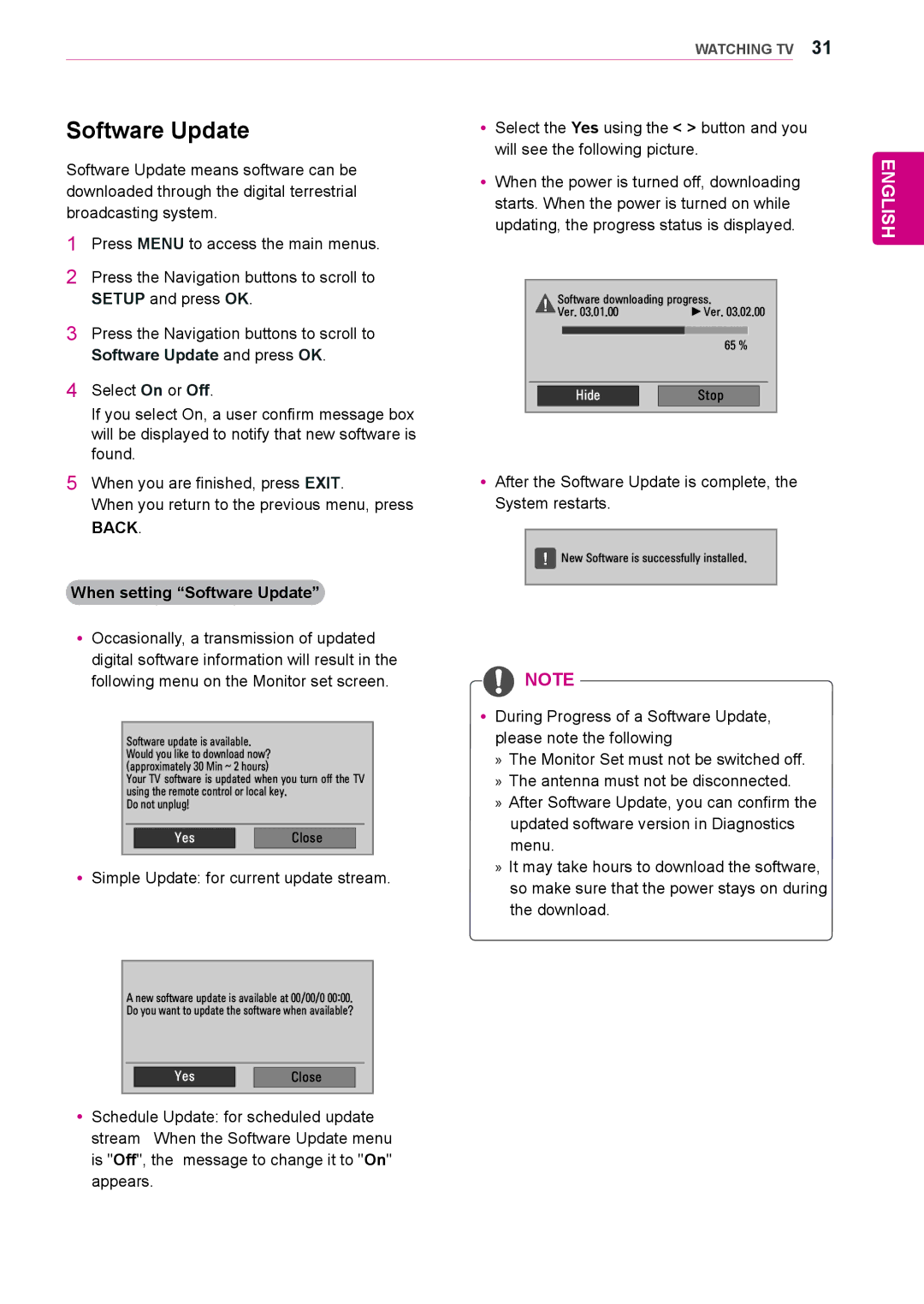 LG Electronics M2250D YySelect the Yes using the button and you, Software Update and press OK, Select On or Off 