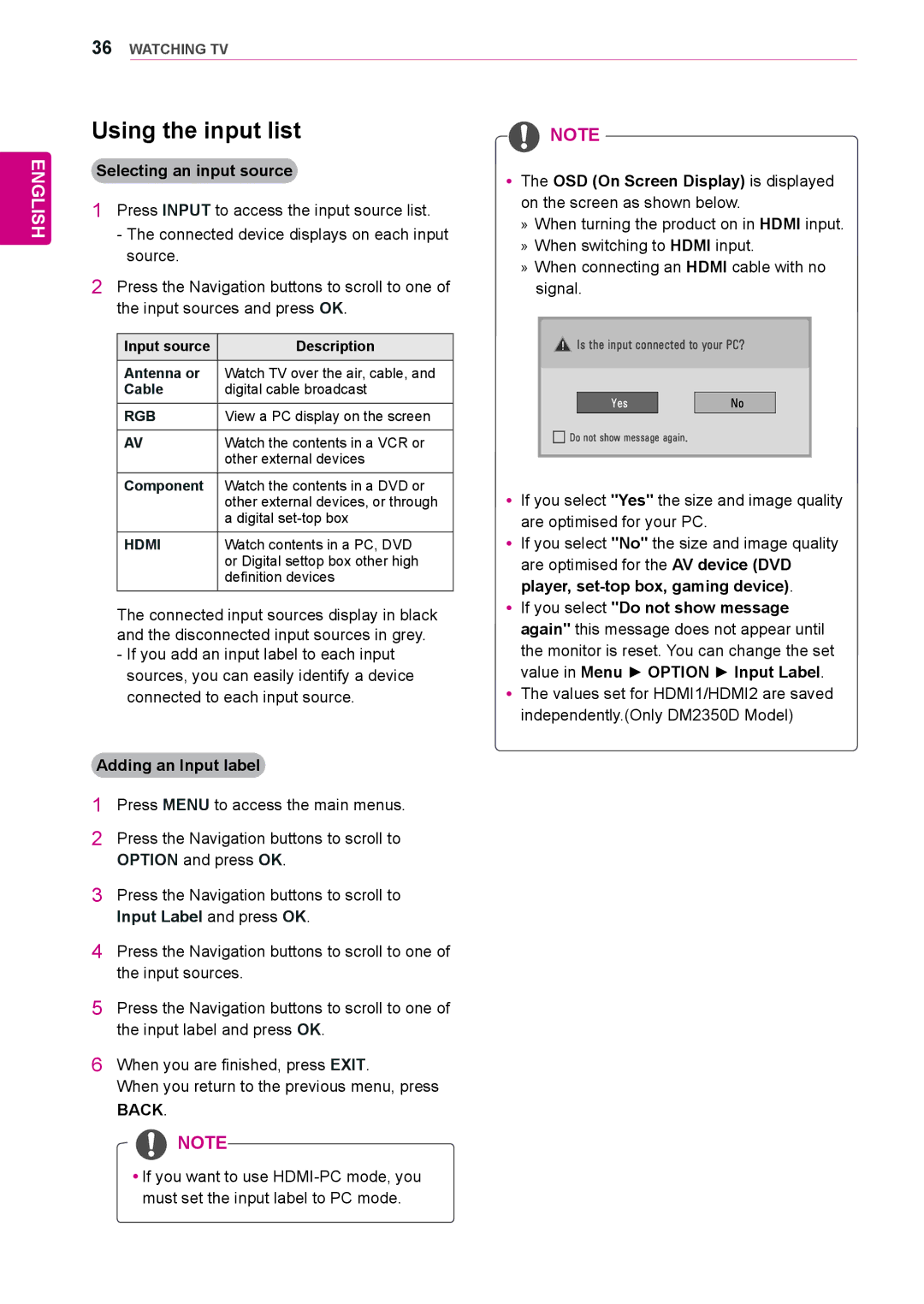 LG Electronics M2450D, M2250D, M2550D, M2350D, M1950D Using the input list, Selecting an input source, Adding an Input label 