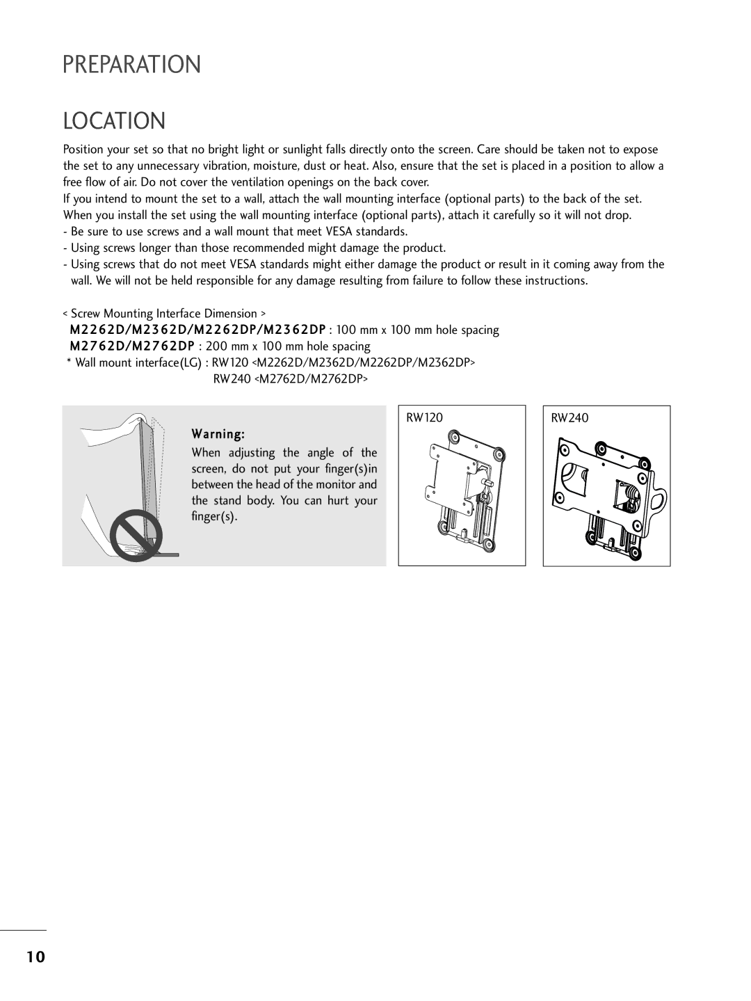 LG Electronics M2762DP, M2362DP, M2262DP owner manual Location 