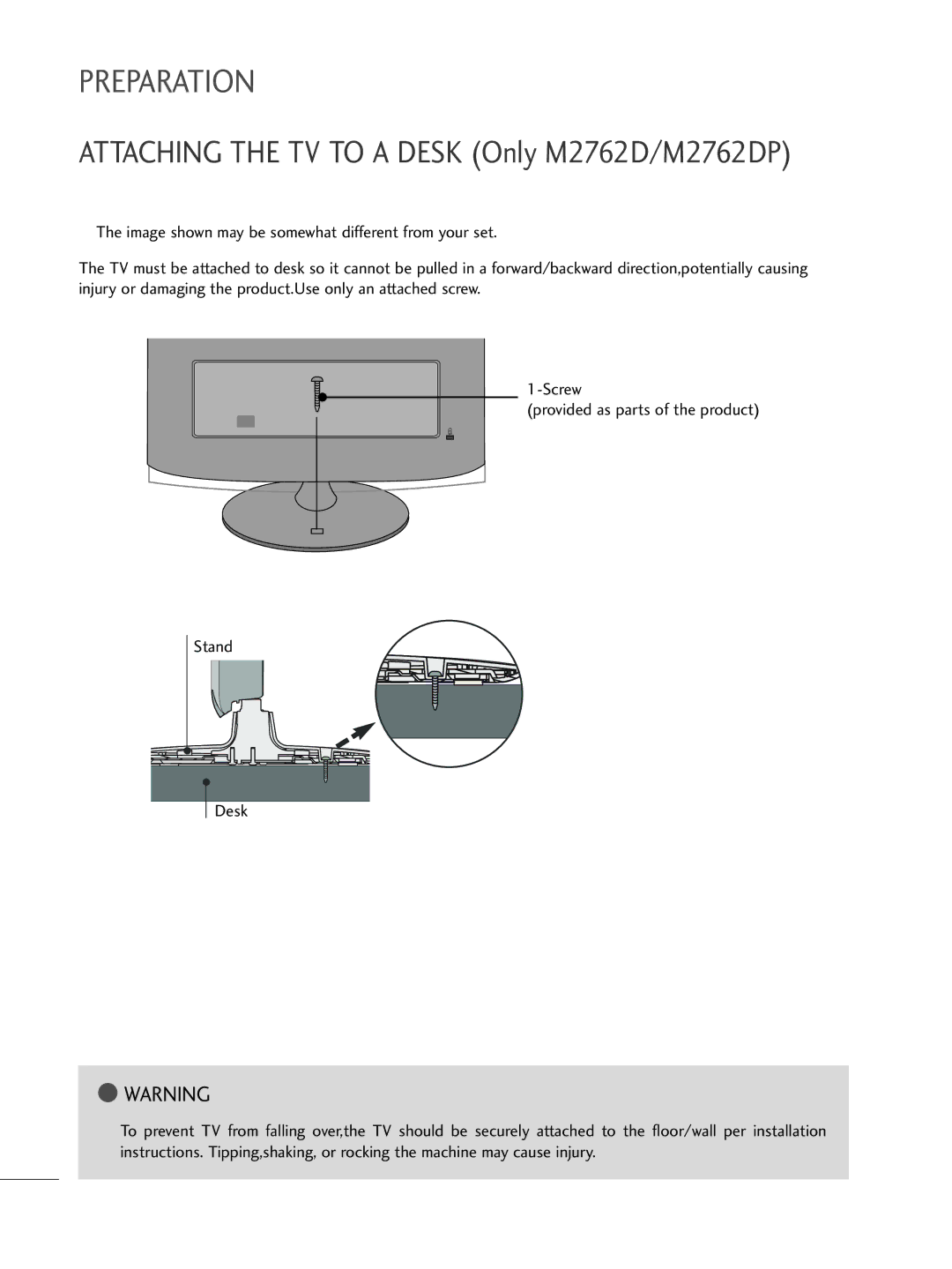 LG Electronics M2362DP, M2262DP owner manual Attaching the TV to a Desk Only M2762D/M2762DP 