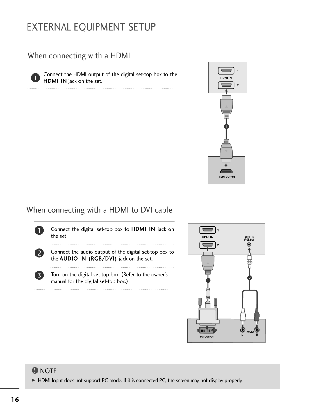 LG Electronics M2762DP, M2362DP, M2262DP When connecting with a Hdmi to DVI cable, Hdmi in jack on the set 