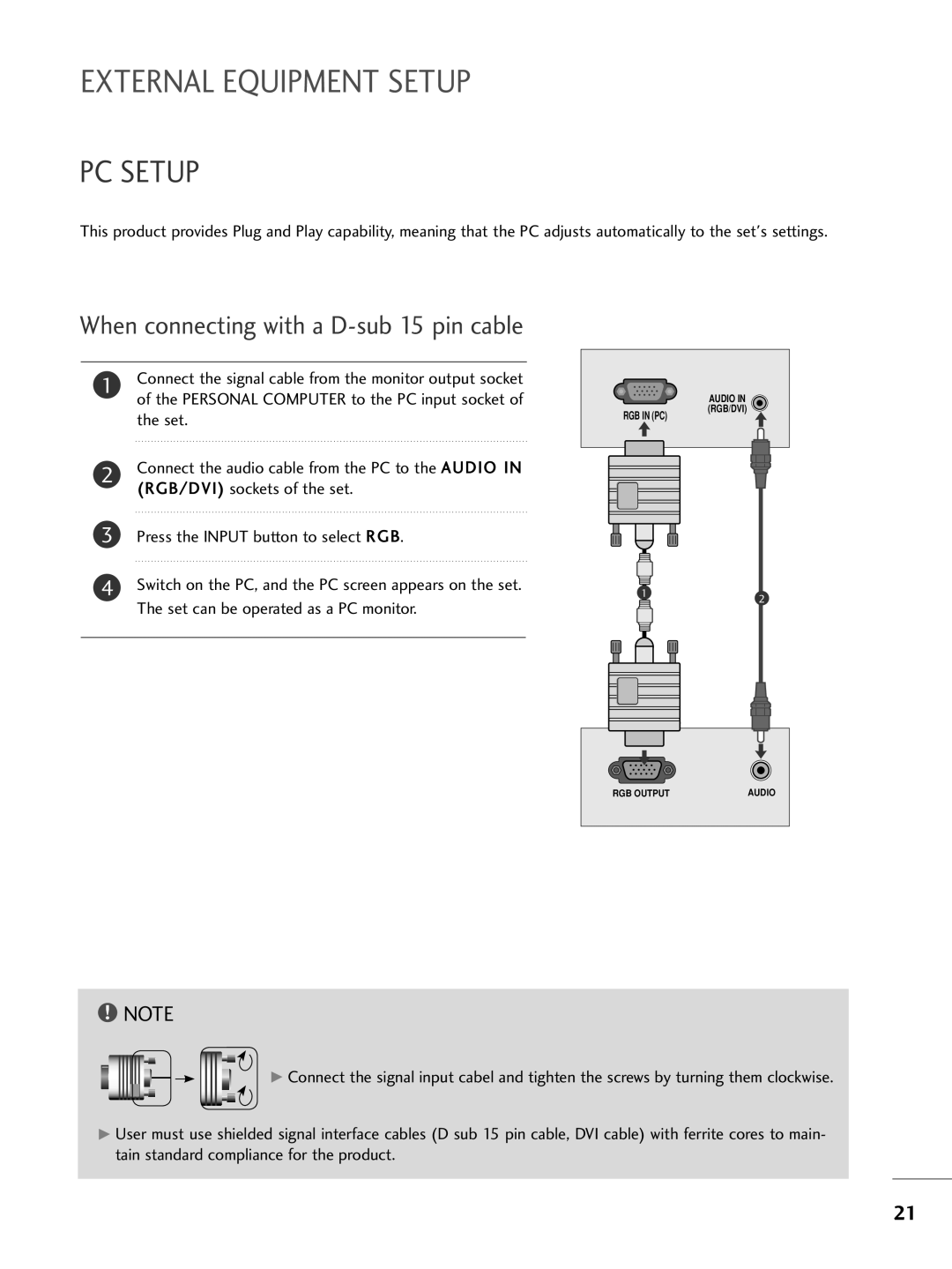 LG Electronics M2262DP, M2762DP, M2362DP owner manual PC Setup, When connecting with a D-sub 15 pin cable 