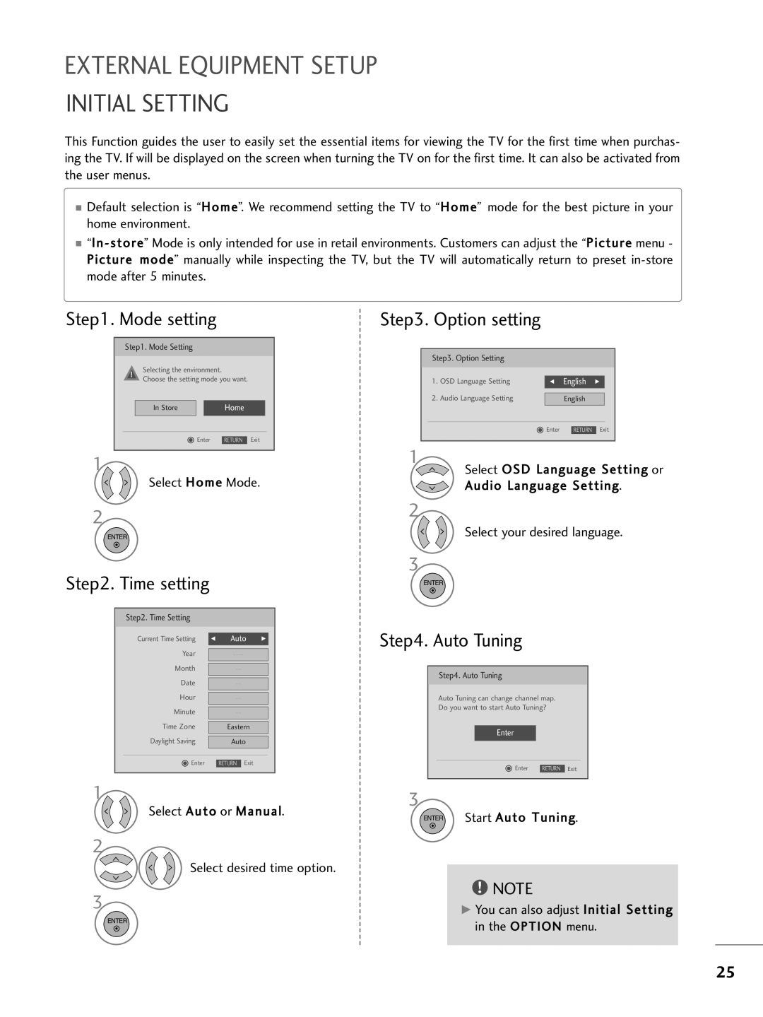 LG Electronics M2362DP, M2762DP, M2262DP Initial Setting, Mode setting, Option setting, Time setting, Auto Tuning 