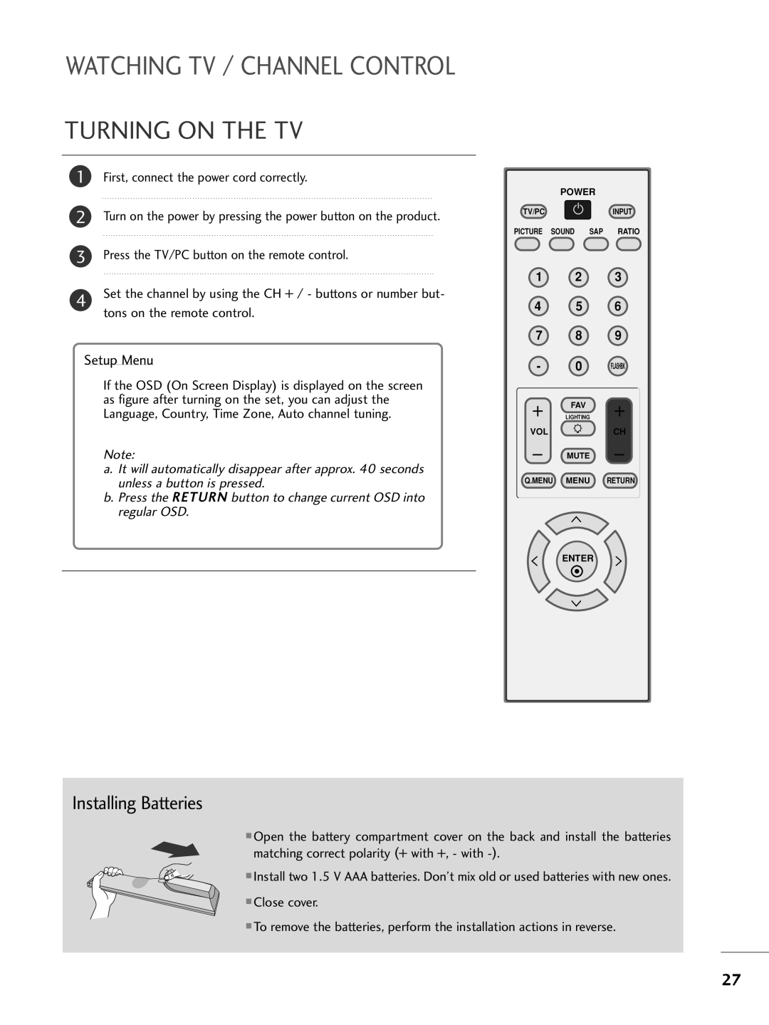 LG Electronics M2262DP, M2762DP, M2362DP owner manual Turning on the TV, Installing Batteries 