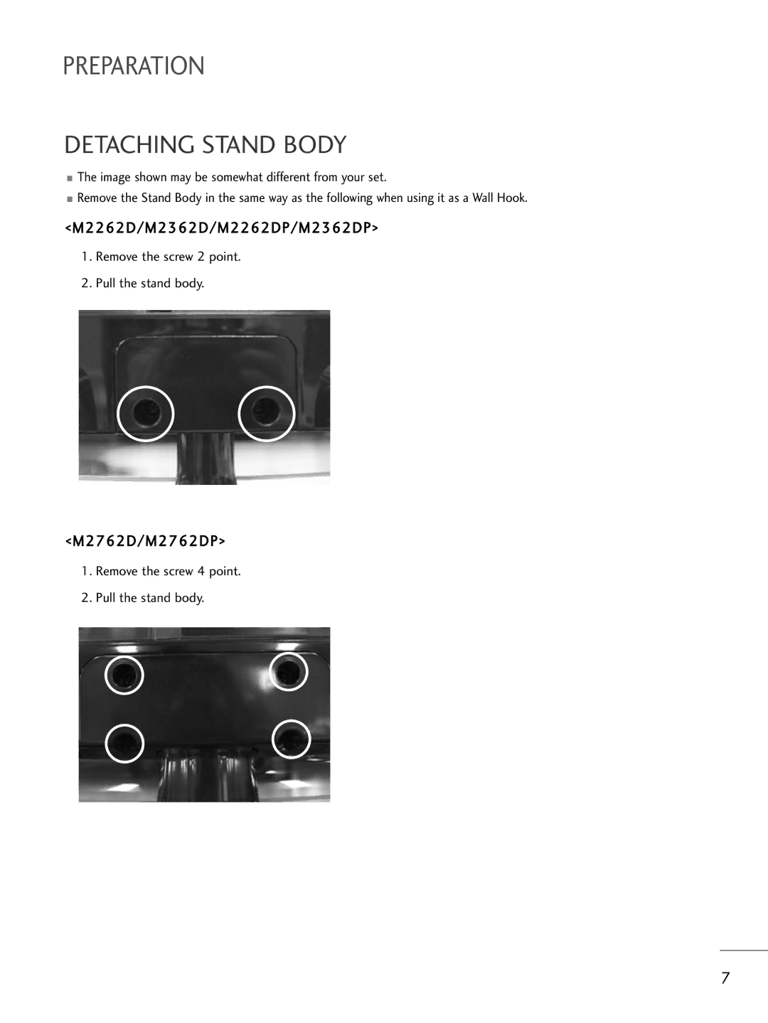 LG Electronics M2362DP, M2762DP, M2262DP owner manual Detaching Stand Body, Remove the screw 2 point Pull the stand body 