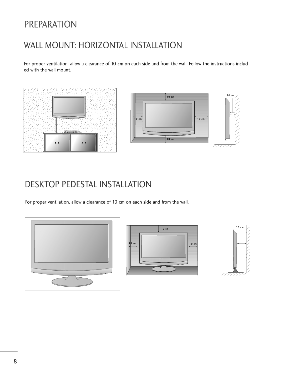 LG Electronics M2762DP, M2362DP, M2262DP owner manual Wall Mount Horizontal Installation, Desktop Pedestal Installation 