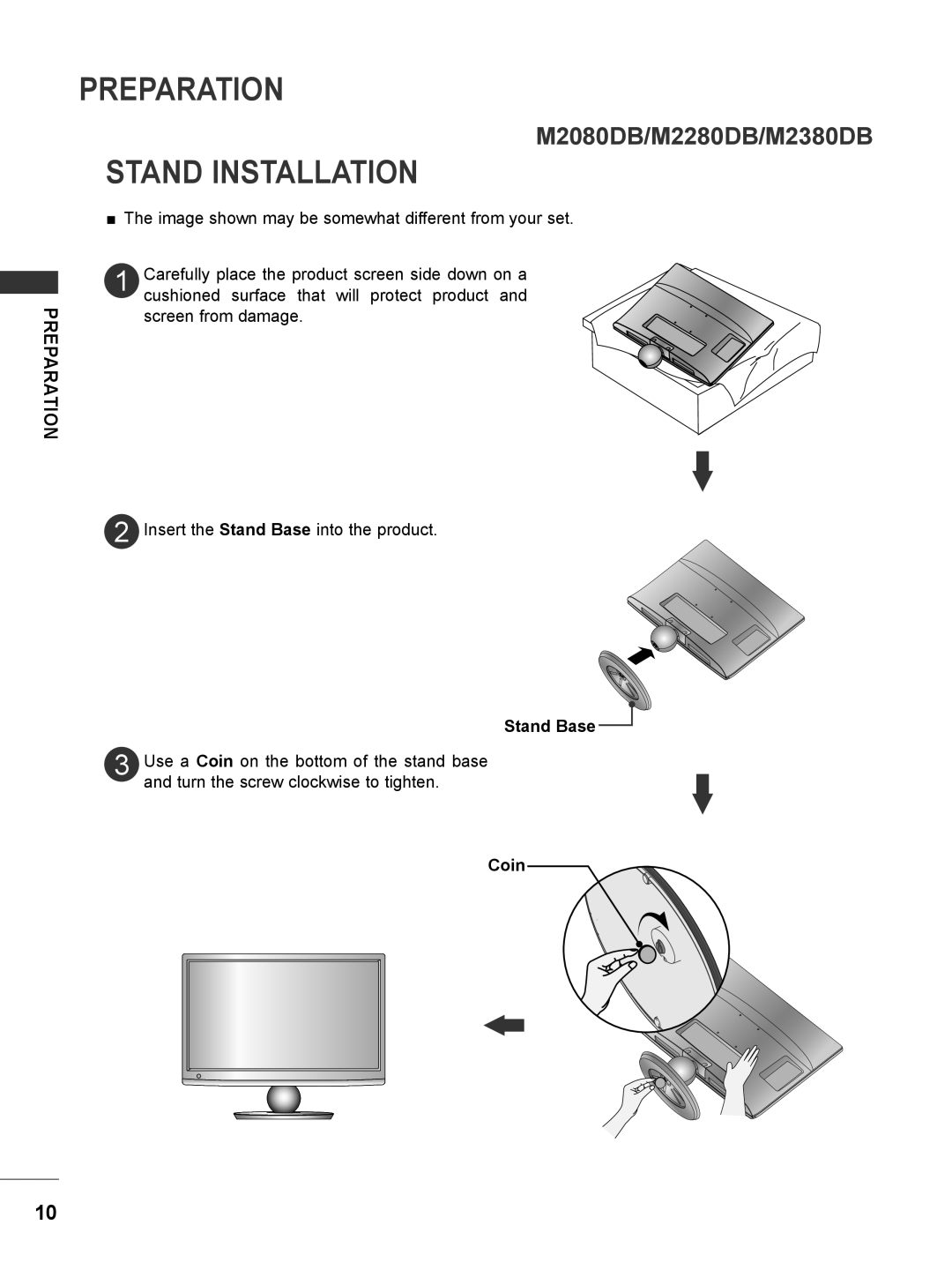 LG Electronics M2080DF, M2780DF, M2780DN, M2380DN M2080DB/M2280DB/M2380DB, Preparation, Stand Installation, Stand Base, Coin 