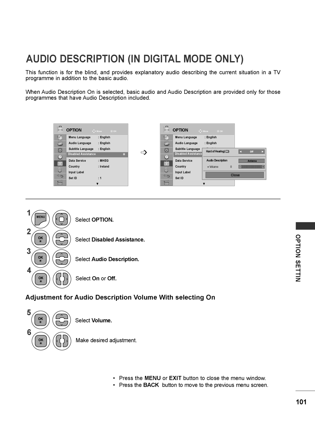 LG Electronics M2080D Audio Description In Digital Mode Only, Adjustment for Audio Description Volume With selecting On 