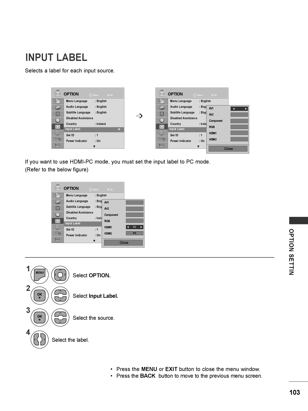 LG Electronics M2280DF Select OPTION, Select the source, Select the label, Option Settin, Select Input Label, Close 