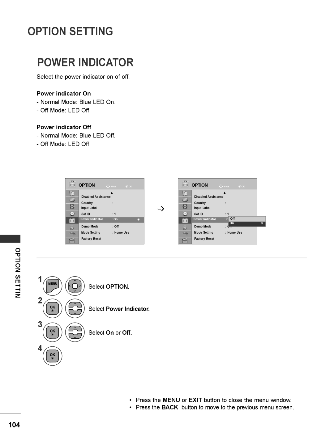 LG Electronics M2080DN Option Setting Power Indicator, Power indicator On, Power indicator Off, Select Power Indicator 