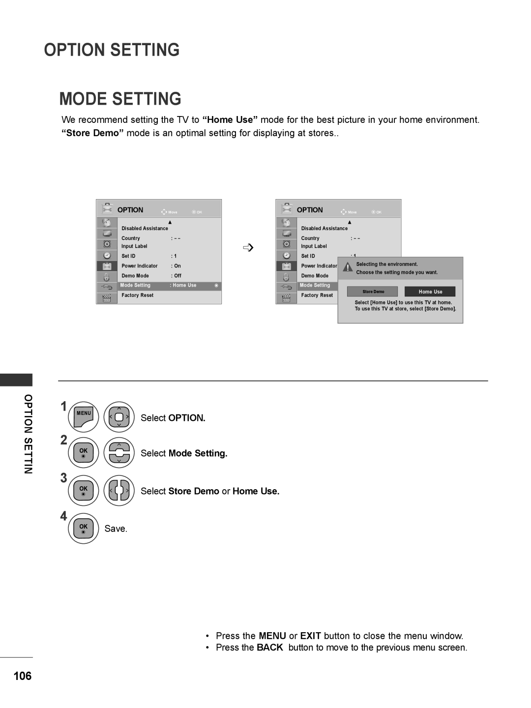 LG Electronics M2780DN, M2780DF, M2380DN Option Setting Mode Setting, Select Mode Setting, Select Store Demo or Home Use 