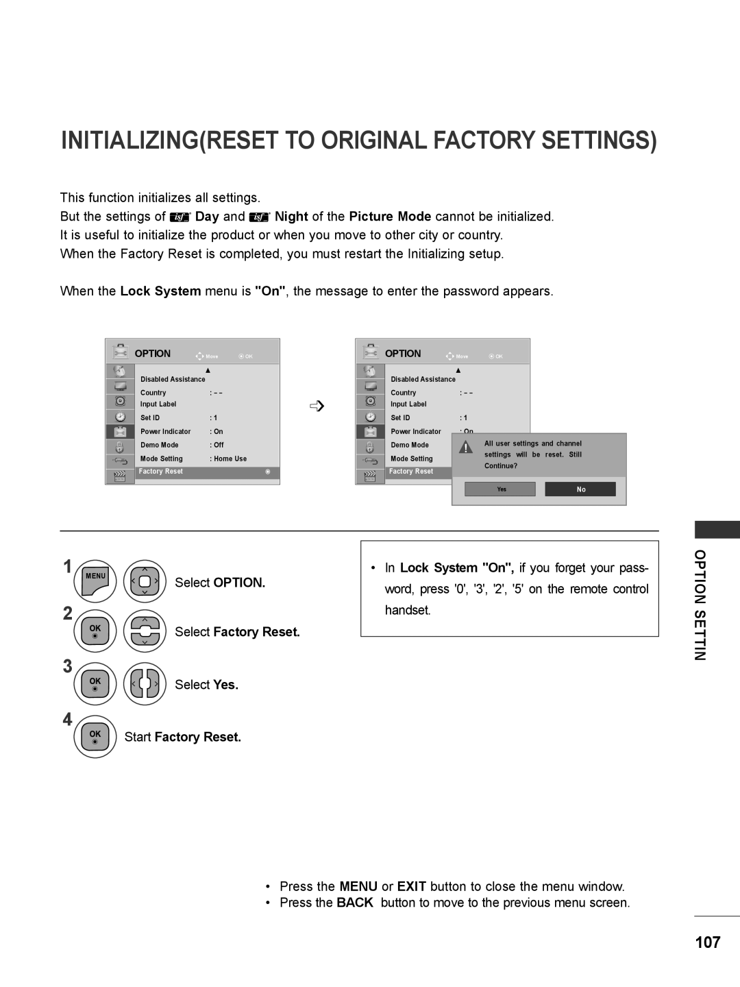 LG Electronics M2380DN Initializingreset To Original Factory Settings, Option, Select Factory Reset, Start Factory Reset 